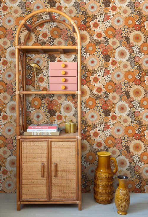 ESTAhome behang retro bloemen oranje en terracotta roze - 50 x 900 cm - 131318