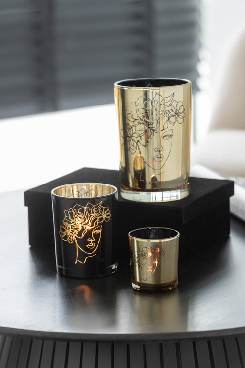 J-Line windlicht Dame Haar Bloemen - glas - zwart/goud - small - 2 stuks