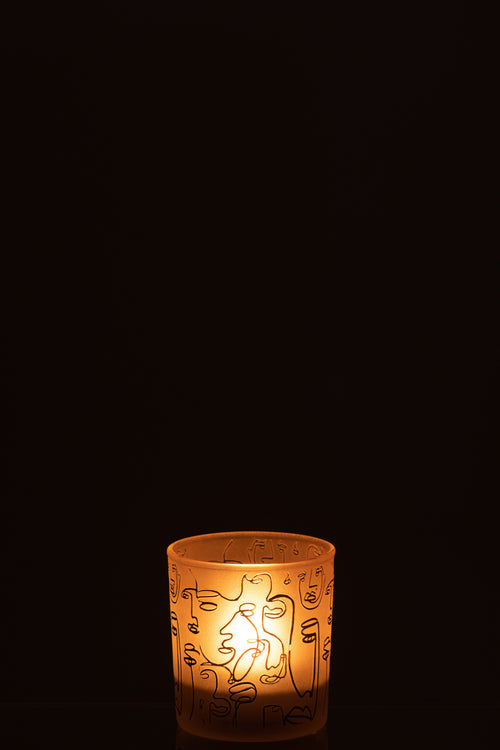 J-Line windlicht Happy Faces - glas - beige - small - 2 stuks
