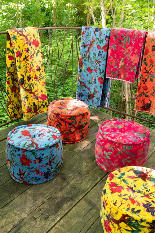 J-Line poef Rond Vogels/Bloemen - katoen/fluweel - roze - vtwonen shop