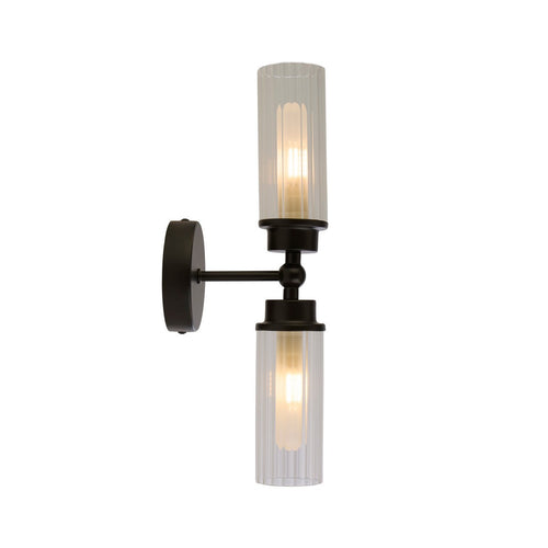 Searchlight Imperial 2-lichts wandlamp, matzwart metaal en helder geribbeld glas
