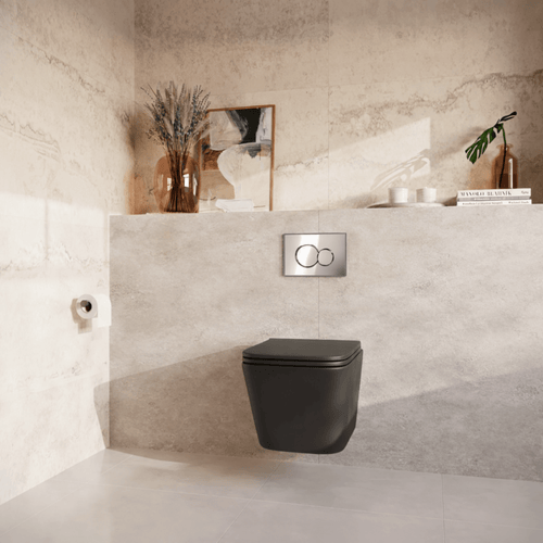 LOMAZOO hangtoiletset Linea - met inbouwreservoir & ronde drukplaat - vierkant - chroom / zwart