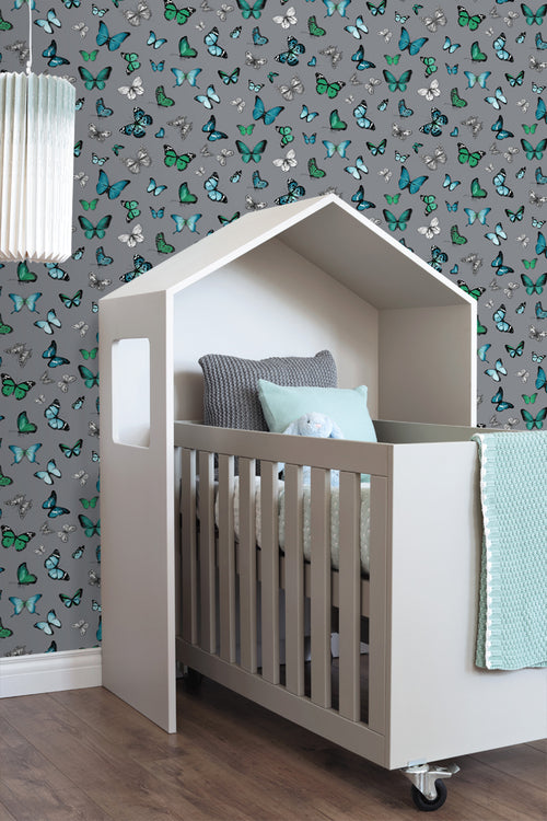 ESTAhome behang vlinders zilver en turquoise - 53 cm x 10.05 m - 138510