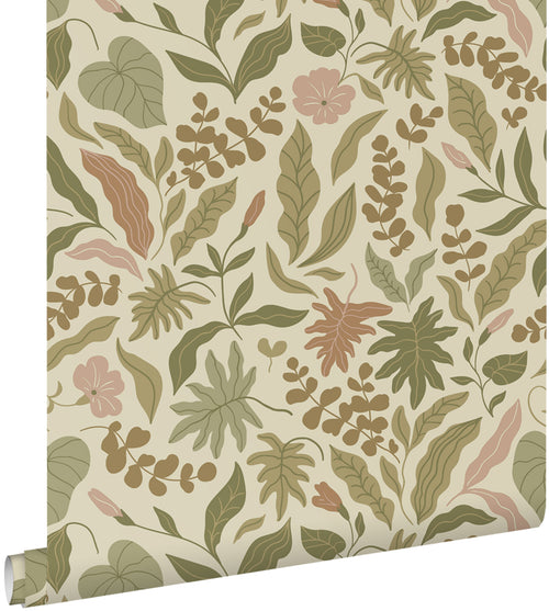 ESTAhome behang bladeren en bloemen olijfgroen, terracotta en roze - 50 x 900 cm - 131052 - vtwonen shop