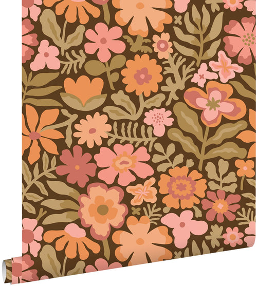 ESTAhome behang bloemetjes bruin, oranje en groen - 50 x 900 cm - 132295