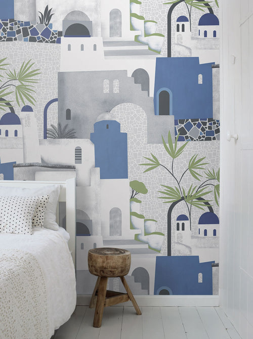 Sanders & Sanders fotobehang mediterrane huisjes grijs en blauw - 318 x 280 cm - 640831