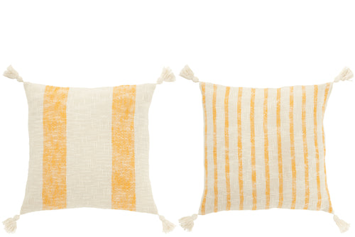 J-Line kussen Vierkant Strepen + Kwasten - katoen - wit/oranje - 2 stuks - vtwonen shop