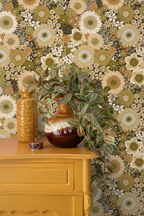 ESTAhome behang retro bloemen olijfgroen en oranje bruin - 50 x 900 cm - 131317 - vtwonen shop