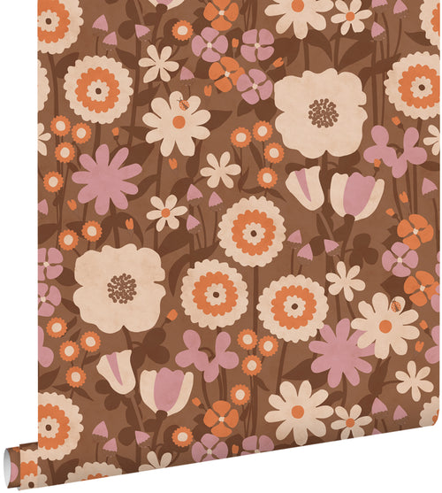 ESTAhome behang retro bloemen bruin, oranje en lila paars - 50 x 900 cm - 132158