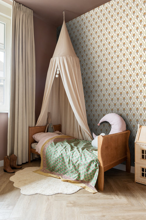 ESTAhome behang vintage bloemen groen, geel en oranje - 50 x 900 cm - 131739