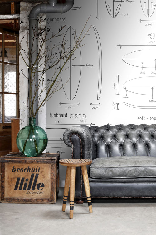 ESTAhome fotobehang technische tekeningen van surfplanken zwart en wit - 200 x 279 cm - 158848 - vtwonen shop
