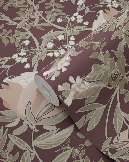 ESTAhome behang vintage bloemen in art nouveau stijl aubergine paars - 50 x 900 cm - 139694