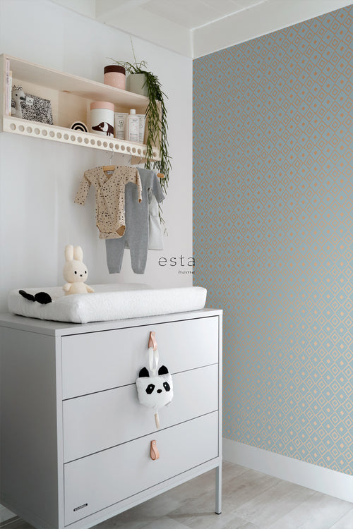 ESTAhome behang ruiten vintage blauw en glanzend koper bruin - 53 cm x 10.05 m - 128830