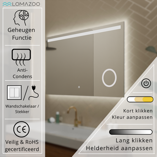 LOMAZOO badkamerspiegel Riviera - met LED verlichting & make up spiegel - rechthoekig - 100 x 60 cm