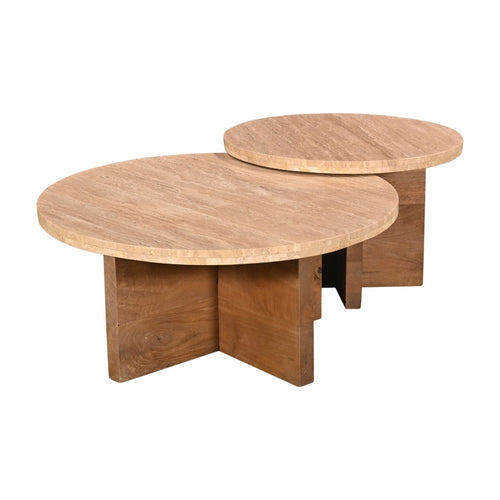 Giga Meubel Salontafel Leno Rond - Travertin/Hout - Naturel - Set van 2 - vtwonen shop