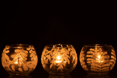 J-Line kaarshouder Bladeren Pailletten - glas - wit - 3 stuks