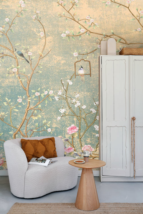 Sanders & Sanders fotobehang bloemen en vogels zeegroen - 350 x 270 cm - 601001 - vtwonen shop