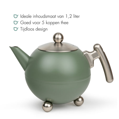 Bredemeijer - Duet® Bella Ronde – Dubbelwandige Theepot – 1,2 liter - RVS - Legergroen - vtwonen shop