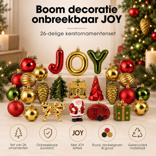 Mica Decorations Kerstornamentenset JOY - Set van 26 Onbreekbare Kerstballen in Rood, Donkergroen en Goud - Kerstboomversiering van Gerecycled