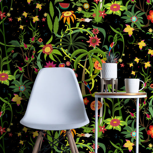 Walls4You fotobehang tropische bloemen zwart en meerkleurig - 300 x 212 cm - 640099