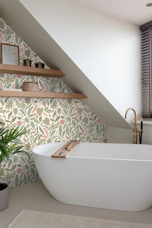 ESTAhome behang bladeren en bloemen vergrijsd groen en roze - 50 x 900 cm - 131050 - vtwonen shop