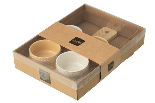 J-Line tapasplank 4 kommen + bambouschaal In Doos - keramiek/hout - wit/creme - vtwonen shop