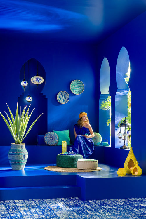 J-Line poef Rond Bloem - katoen - turquoise/blauw - 2 stuks - vtwonen shop