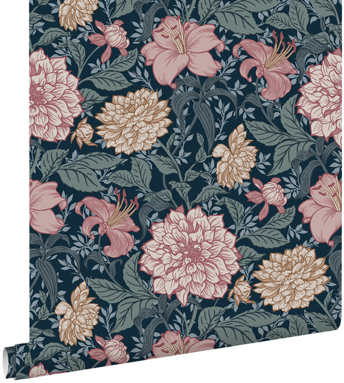 ESTAhome behang vintage bloemen blauw en oudroze - 53 cm x 10.05 m - 139382