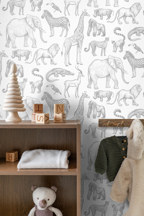 ESTAhome behang jungle dieren wit en grijs - 53 cm x 10.05 m - 139691