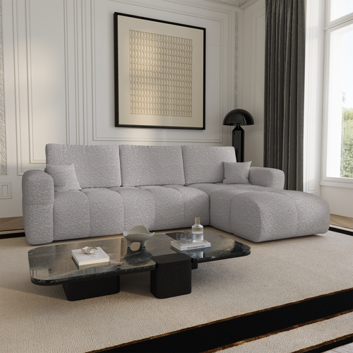 Premium Interiors - Rechthoekige hoekbank met slaapfunctie en opbergruimte VIBE - bouclé-stof lichtgrijs 286cm