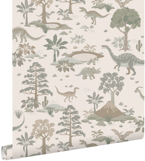 ESTAhome behang dinosaurussen grijs en groen - 50 x 900 cm - 132174