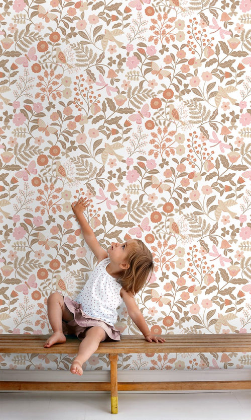 ESTAhome behang bloemen en vogels terracotta, taupe en roze - 53 cm x 10.05 m - 131391