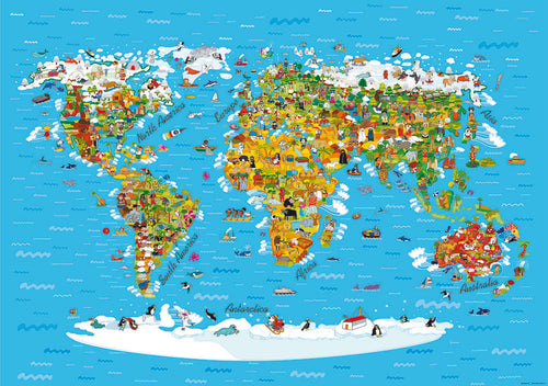 Sanders & Sanders fotobehang wereldkaart voor kinderen blauw, geel en wit - 360 x 254 cm - 600365