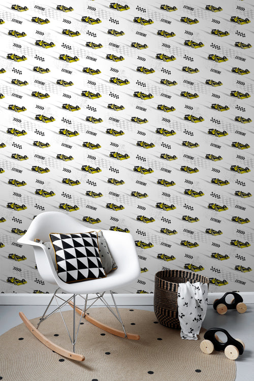 Sanders & Sanders behang race auto's geel - 50 x 900 cm - 935357
