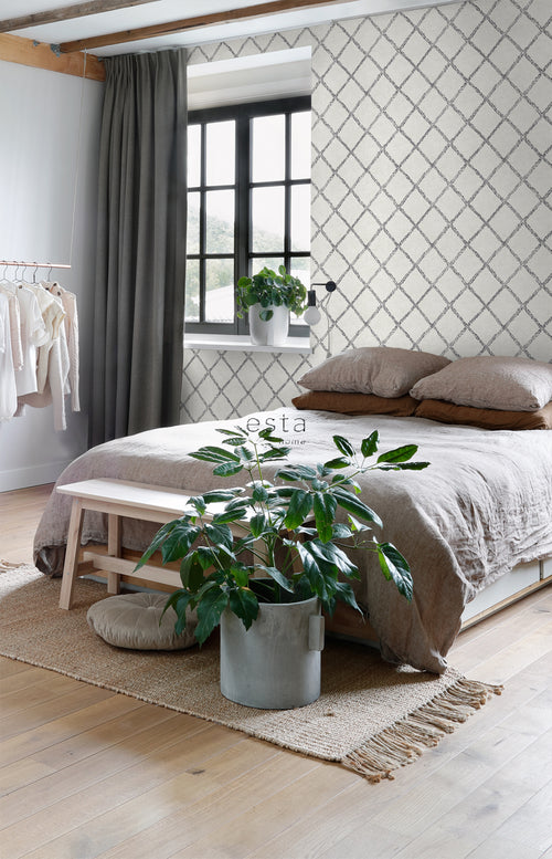 ESTAhome behang oosters berber tapijt zwart en mat wit - 53 cm x 10.05 m - 148666