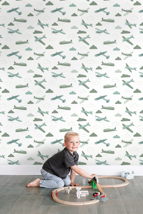 ESTAhome behang vliegtuigen vergrijsd groen en blauw - 50 x 900 cm - 139804 - vtwonen shop