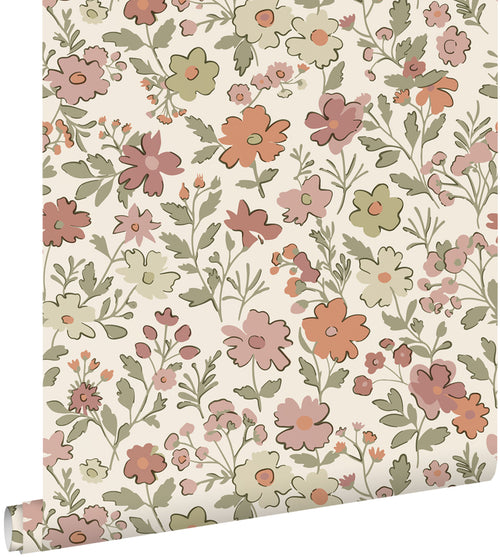 ESTAhome behang bloemetjes terracotta, groen en wit - 50 x 900 cm - 131324 - vtwonen shop