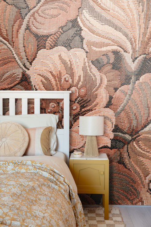 ESTAhome fotobehang geborduurd bloemmotief terracotta bruin - 186 x 279 cm - 159507 - vtwonen shop