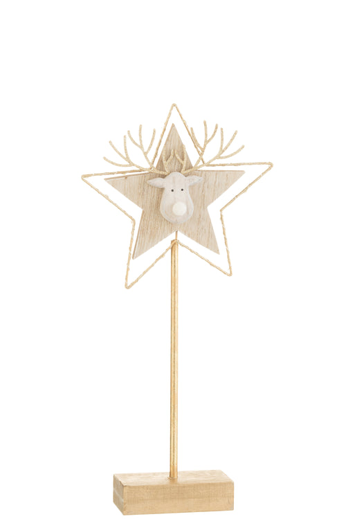 J-Line kerstdecoratie Rendier/Ster op voet - hout - goud/wit - small - LED lichtjes - vtwonen shop