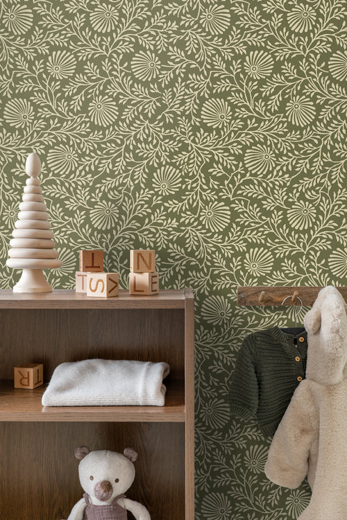 ESTAhome behang vintage bloemen olijfgroen - 50 x 900 cm - 131514 - vtwonen shop