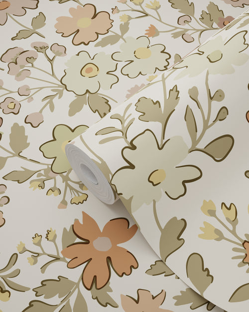 ESTAhome behang bloemetjes groen, geel, paars en terracotta - 50 x 900 cm - 131325 - vtwonen shop