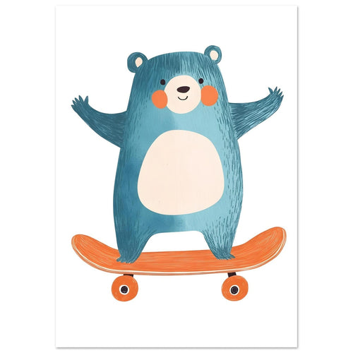 Artfulprints Poster Skatende beer   - A4 21x29.7 cm - Blauw