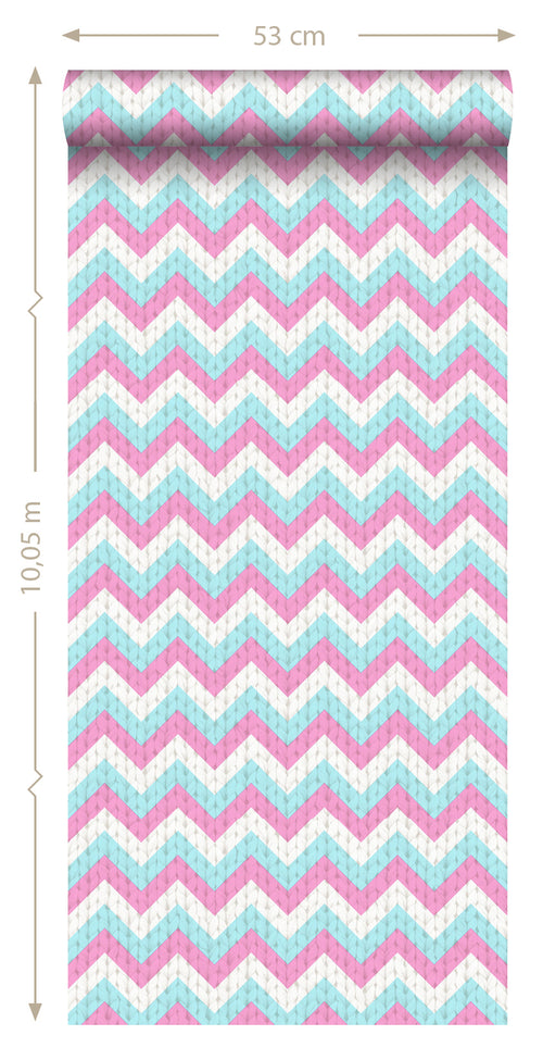 ESTAhome behang zigzag motief turquoise en roze - 53 cm x 10.05 m - 138136