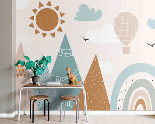 ESTAhome fotobehang bergen vergrijsd blauw en warm oranje - 300 x 279 cm - 159392 - vtwonen shop