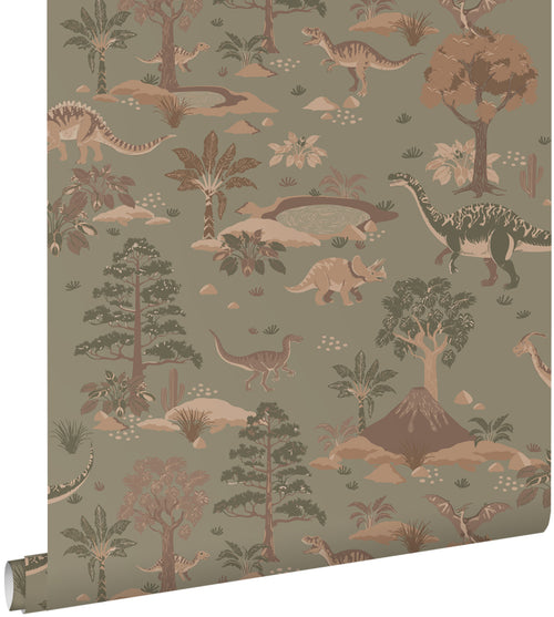 ESTAhome behang dinosaurussen vergrijsd groen en bruin - 50 x 900 cm - 131657 - vtwonen shop