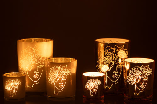 J-Line windlicht Dame Haar Bloemen - glas - wit/goud - large - 2 stuks