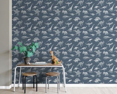 ESTAhome behang dinosaurussen vergrijsd blauw - 50 x 900 cm - 131805