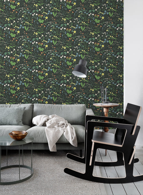 ESTAhome behang veldbloemen multicolor op zwart - 53 cm x 10.05 m - 139392