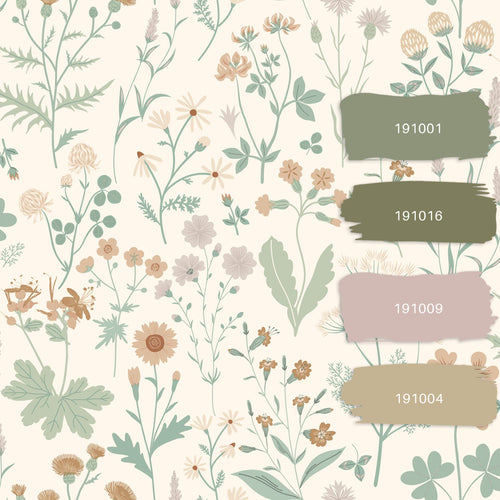 ESTAhome behang veldbloemen groen, terracotta en lila paars - 53 cm x 10.05 m - 139481