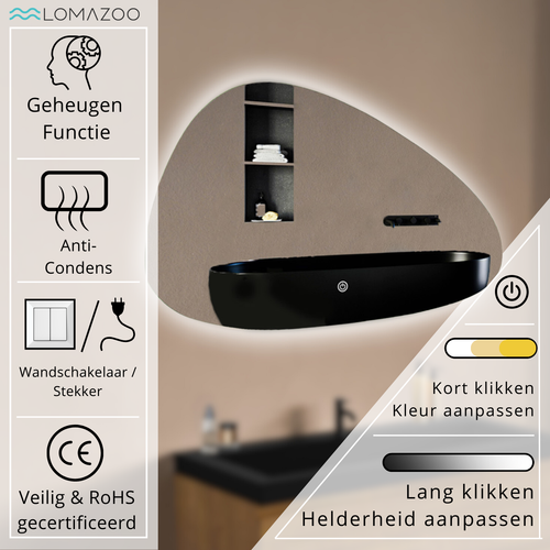 LOMAZOO badkamerspiegel Valencia - met LED verlichting & spiegelverwarming - asymmetrisch - 100 x 62.5 cm